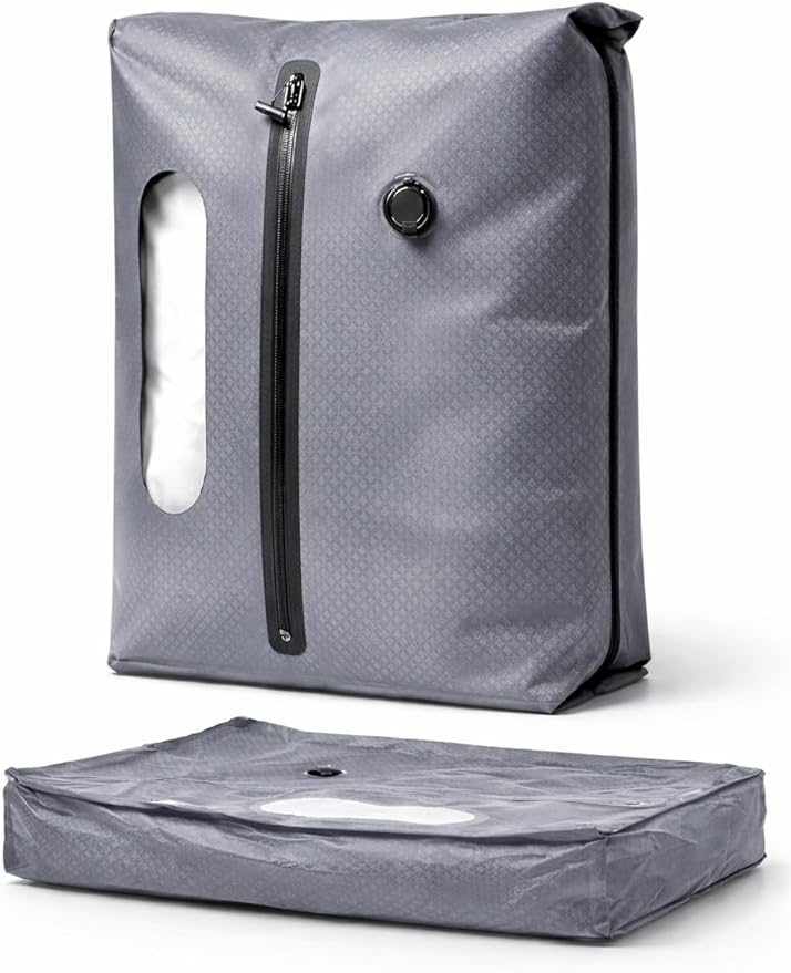 Vacuum Seal Bag for Clothing Travel - TSA Compliant Airless PacPro 48L, Carry-On Compression Packing Cube for Luggage and Backpacks, Pump-free Air Valve (Large, Gray)
