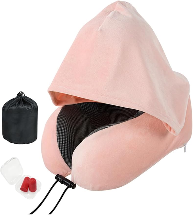 Travel Neck Pillow with Hood Memory Foam Sleeping Airplane Pillows Long Flight Neck Support Plane Essentials Pink