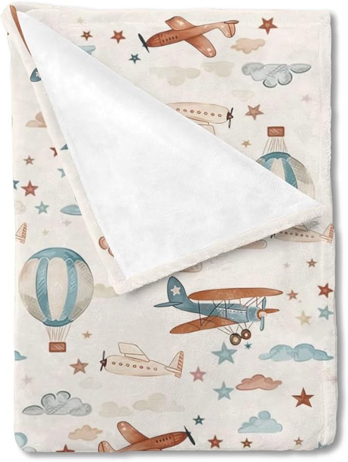 Unisex Plane Hot Air Balloon Prints Baby Nursery Throw Gift Blanket for Boys Girls, Aircraft Transportation Clouds Stars Pattern Swaddle Receiving Bed Blanket for Newborn Toddlers Kids-60x80