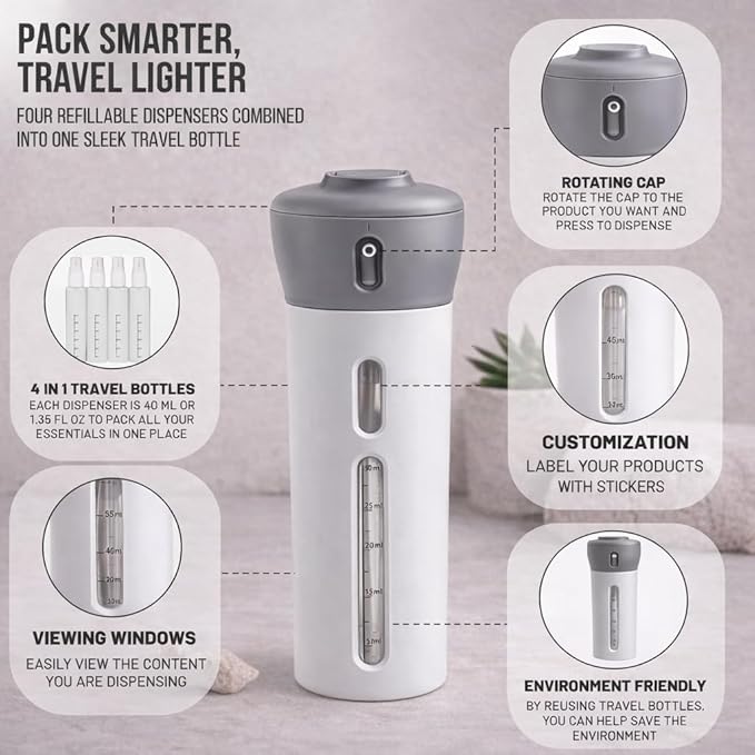 Travigo 4-in-1 Travel Dispenser Bottle Set, TSA Approved, Leak Proof, Reusable 1.4 oz. (40 mL) Toiletry Containers for Shampoo, Conditioner, Soap, Lotion, Skincare (2 Pack, Black & Gray)