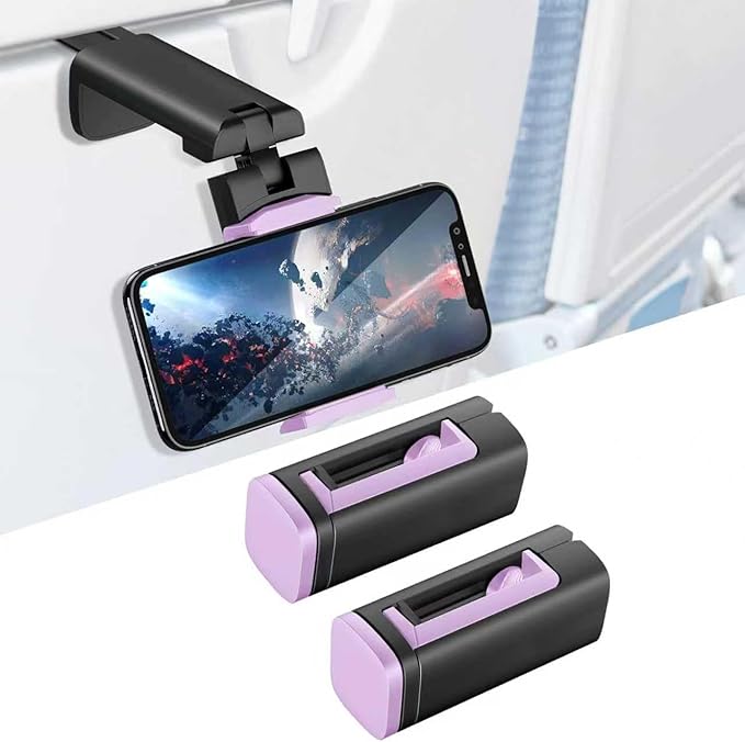 2 Pack Universal Airplane Travel Phone Holder: Travel Essentials Phone Mount for Desk with Multi-Directional 360 Degree Rotation, Travel Accessories Must Haves Phone Holder (Purple+Purple)