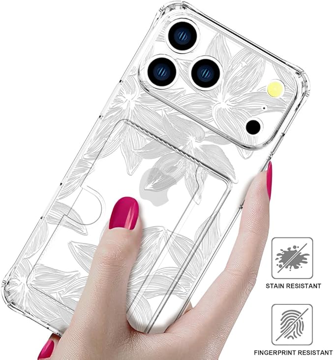 Compatible with iPhone 17 Pro Max Case Card Holder for Women Cute Design,Wallet Phone Cases Transparent Cool Kawaii Protective (Clear Flower White)