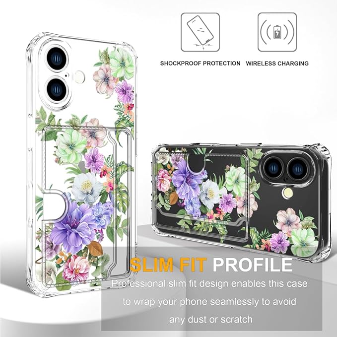 Compatible with iPhone 17 Case Card Holder for Women Cute Design,Wallet Phone Cases Transparent Cool Kawaii Protective (Clear Impressive Flowers)