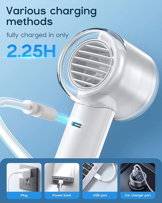 EasyAcc Handheld Turbo Fan, 5 Gear Wind, Battery Operated, Up to 19 Working Hours, 3 IN 1 Hand Fan with Air Turbo Tech Cooling Fan for Outdoor Activities, Travel, Working