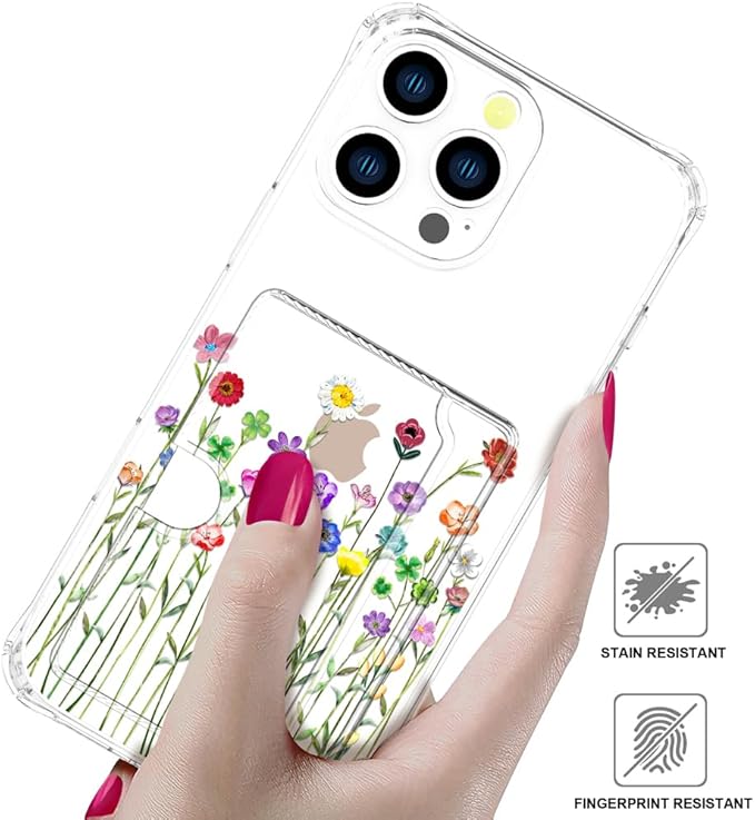 Compatible with iPhone 16 Pro Case Card Holder for Women Cute Design,Wallet Phone Cases Transparent Cool Kawaii Protective (Clear Flower Floral Bouquet)
