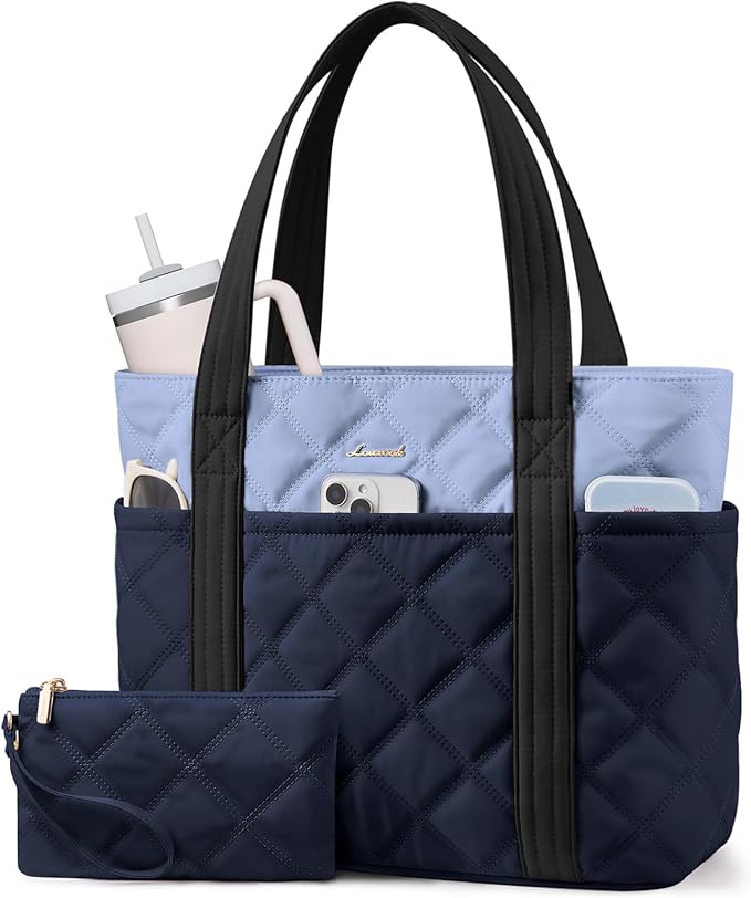 LOVEVOOK Puffer Tote Bag for Women, Puffy Work Handbag with Cup Holder, Travel Carry On Bag with Zipper for Teacher Nurse Gym