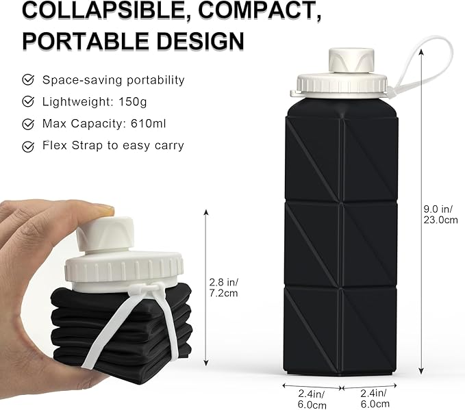 BEAUTAIL Collapsible Water Bottles 20.6oz 2 Pack, Silicone Foldable Portable Travel Water Bottle, BPA-Free Reusable Leakproof for Travel Camping Hiking Cycling Yoga Sports Outdoor (Black+Blue)