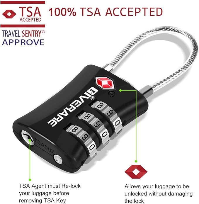 2 Pack TSA Approved Luggage Locks, Cable Suitcase Travel Lock Alloy, Set Your Own Combination Metal Zipper Padlock, 3-Digit Long Shackle Padlocks for Gym Locker, Golf Bag, Case Anti Theft-Black
