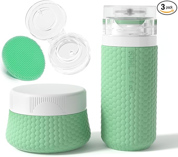 2 oz Travel Bottle Silicone Small Liquid Travel Containers 2 Pack Leak Proof TSA Approved Bottles On The Go Size Traveling Kit for Toiletries Shampoo Body Wash Skincare Lotion Women Men Leather Green