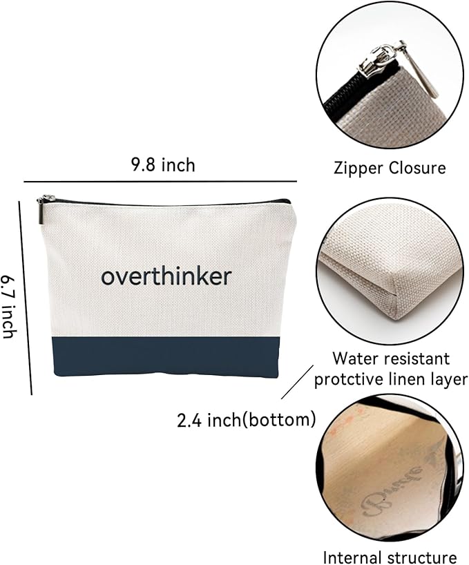 Funny Makeup Bag for Women - overthinker Relatable Quote Pouch - Minimalist Navy Blue Color Block Canvas Cosmetic Organizer - Unique Gift for Best Friend, Introverts & Mental Health Awareness