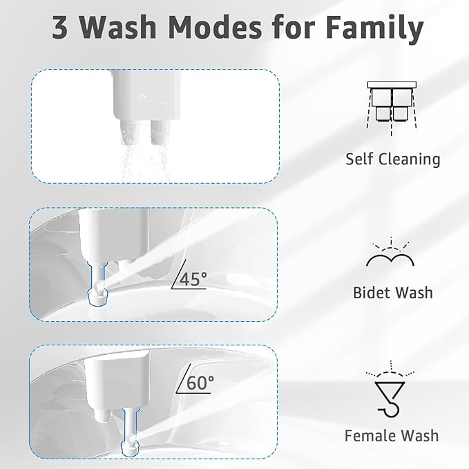 Aünsffer Bidet Attchment for Toilet Grey, Cold Water No-Electric, 3 Wash Modes [Frontal Wash + Rear Wash + Self-Cleaning]，Dual Nozzles Water Pressure Adjustable, Grey