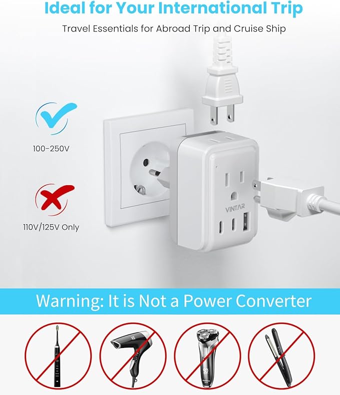 VINTAR Universal Travel Adapter Kit, International Power Adapter with 3 USB Ports (2 USB C, 3.4A) and 2 AC, Type A,C,D,E/F,G,H,I,L,M Detachable Attachments, Adapter for India/Africa/EU/UK//AU/JP/US
