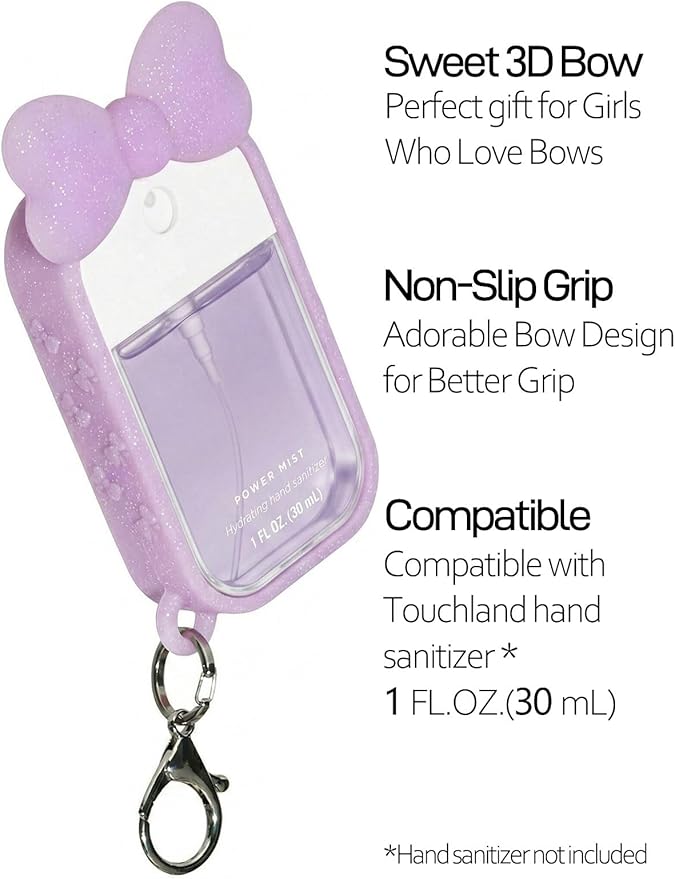 Silicone Bow Case Compatible with Touchland Hand Sanitizer Spray 1 oz (30 mL), Cute Holder with Keychain Clip, Gift for Girls