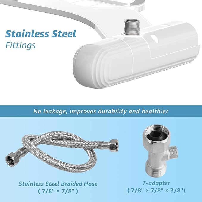 Ultra-Slim Bidet Attachment for Toilet, Non-Electric Dual Nozzle (Rear & Feminine Wash), Adjustable Water Pressure, Easy to Install, Fits Most Toilets, Stainless Steel Hose, Blue & White