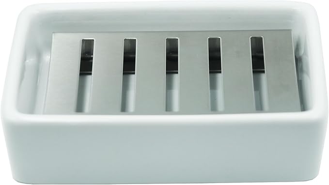 Ceramic Soap Dish, 4.92 Inch Rectangle Soap Holder with Stainless Steel Draining Layer, for Shower,Bathroom,Kitchen Sink Organizer