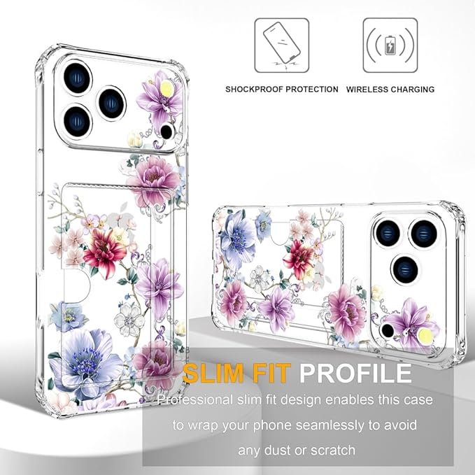 Compatible with iPhone 17 Pro Case Card Holder for Women Cute Design,Wallet Phone Cases Transparent Cool Kawaii Protective (Clear Wonderful Large Flowers)