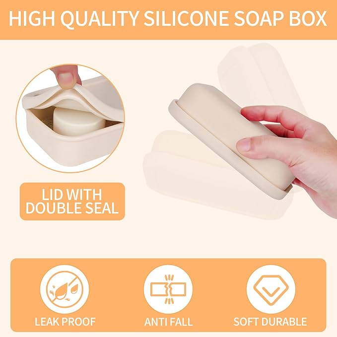 Leak Proof Travel Soap Case,Large Silicone Travel Soap Holder,Portable Soap Box with Drainage Layer,Bathroom Shatter Proof,Suitable for Travel, Bathroom, Camping, Gym(Off-White)