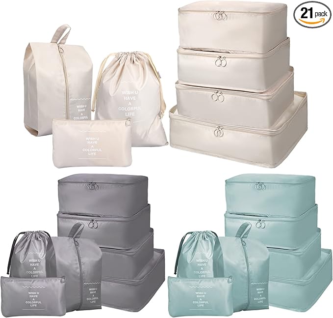 Chumia 21 Set Packing Cubes Back to School Travel Clothes Luggage Suitcases Organizer Trip College Dorm Toiletry Shoes Bag(Beige, Gray, Lake Blue)