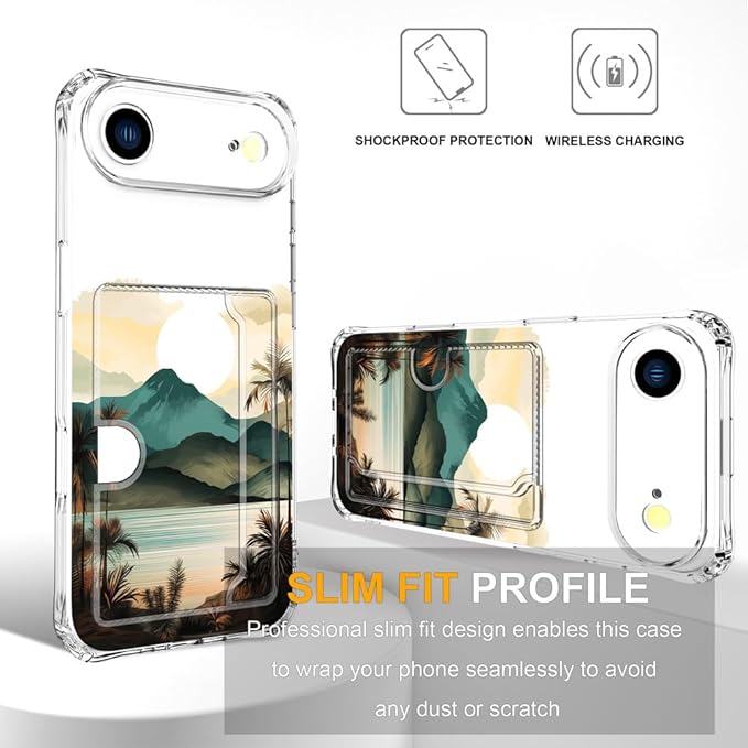 Compatible with iPhone 17 Air Case Card Holder for Women Cute Design,Wallet Phone Cases Transparent Cool Kawaii Protective (Clear Ocean Sun Mountains Sunset)