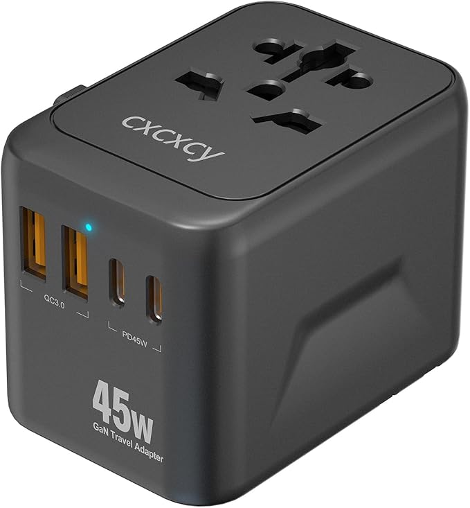 45W GaN Universal Travel Adapter | 5 Port International Power Adapter with 2 USB-C PD 3.0, 2 USB-A QC 3.0 & AC Outlet | Worldwide Travel Plug for US, EU, UK, AU & Most Countries