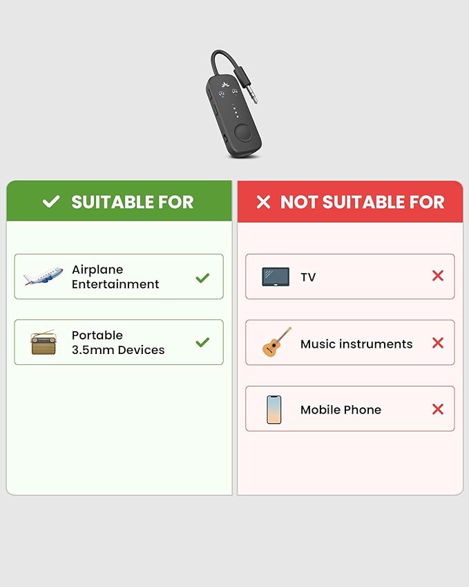 Avantree Relay - Premium Airplane Bluetooth Adapter with Advanced Qualcomm Chipset, 2 Headphones Support, 25hrs Play Time, aptX Adaptive & HD Audio Transmitter for Airpods, Bose & Travel Flight