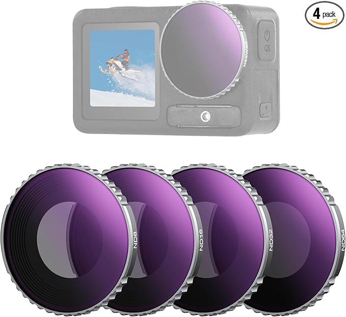 NEEWER ND Filter Set Compatible with DJI Osmo Action 4/Action 5 Pro (4 Pack), Screw On ND8 + ND16 + ND32 + ND64 Filter Kit Action Camera Accessories Multicoated HD Optical Glass, FL-B04