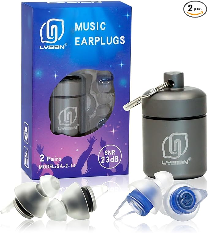 LYSIAN High Fidelity Concert Ear Plugs for Musicians & Festivals, Reusable Noise Reduction Earplugs for Live Music, Raves & Events, Comfortable Fit, 2 Pairs Value Pack, 23dB