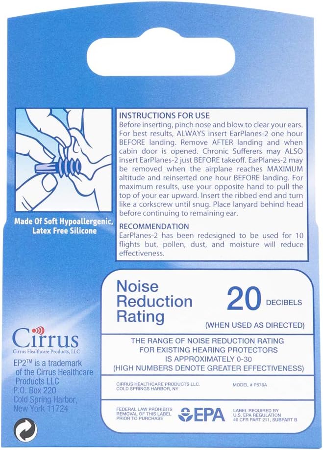 EP2 by Cirrus Healthcare Second Generation EarPlanes Earplugs Ear Protection from Flight Air and Noise Sound (1 Reusable Pair)
