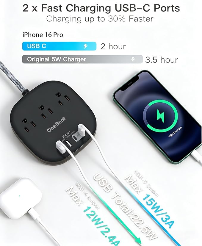 Cruise Ship Travel Essentials, 22.5W/4.5A Flat Plug Power Strip, 6Ft Extension Cord, 3 Outlets 4 USB Ports (2 USB C) Cruise Approved Power Strip No Surge Protection, Desktop Charging Station, Black