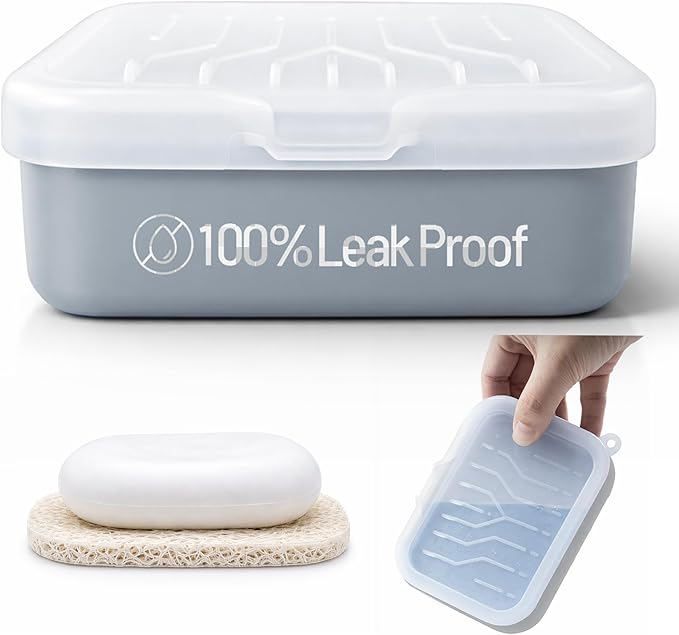 Leakproof Silicone Travel Soap Case: Compact Portable Bar Soap Case with Drainage Layer & Upgraded Lid - 2026 Travel Essentials for Camping, Gym, Shower & Carry-on Bags (Gray)