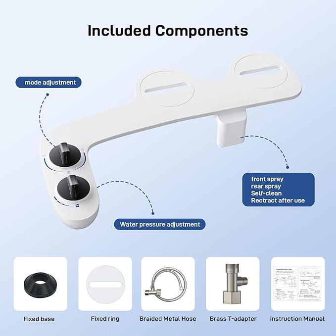 Toilet Bidet Attachment, Non-Electric Dual Nozzle (Feminine/Bidet Wash), Self-Cleaning Fresh Cold Water Sprayer Bidets for Toilets with Adjustable Water Pressure (Dual Knob, Black)