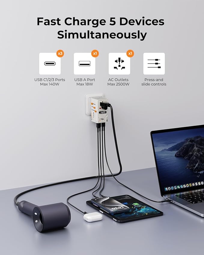 170W GaN Universal & International Travel Adapter & Wall Charger, European Travel Plug for UK/US/AUS/JP, 3 USB-C PD & 1 USB-A QC for Laptop Fast Charging, Worldwide Compatible, Travel Essentials