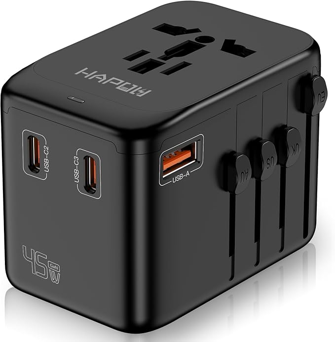 HAPOW Universal Travel Adapter, GaN 45W International Power Adapter, 3 USB-C & 1 USB-A Fast Charging Travel Charger, All in One Worldwide Travel Plug Adapter, Outlet Adapter for Europe UK USA AU