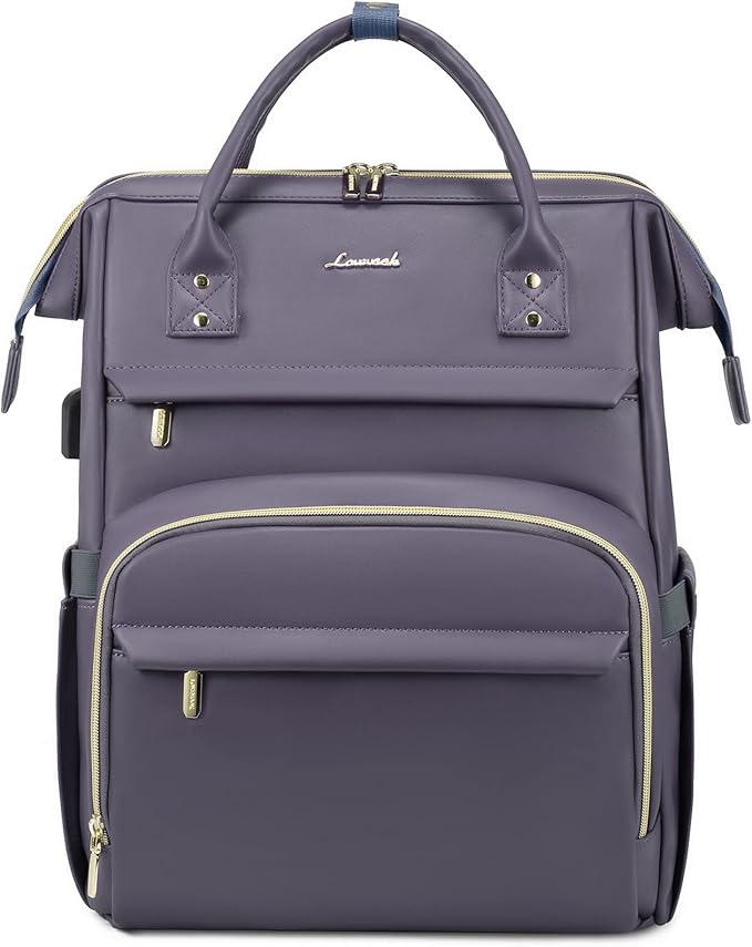 LOVEVOOK Leather Laptop Backpack for Women 15.6 inch,Travel Backpack Purse Nurse Teacher Backpack Computer Laptop Bag,Professional College Business Work Bag Carry On Backpack with USB Port,Grey Purple