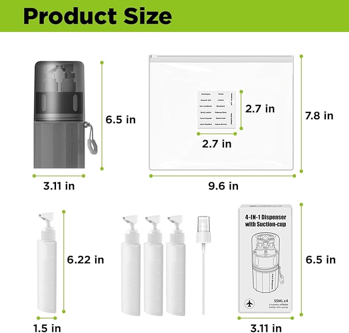 2P 4 in 1 Travel Toiletry Containers,TSA Approved Refillable Travel Size Toiletries Bottles Set with Suction Cup for Smooth Walls - for Shampoo,Conditioner,Body Wash,Lotion. (Pink+Grey)
