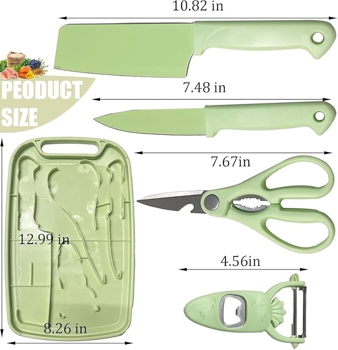 Cutting Board and Knife Set, 5 In1 Travel Cutting Boards And Knife Travel Cutting Board Kitchen Scissors and Peeler For Kitchen (Green)