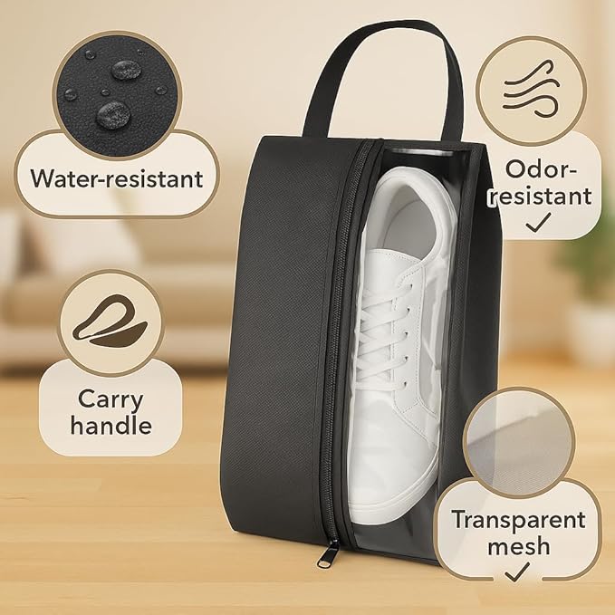 Shoe Bag for Travel, Gym & Sports – Water-Resistant Shoe Bag Cover/Pouch with Transparent Mesh Panel, Durable Zipper & Carry Handle – Fits Men’s Size 12 – Keeps Clothes Clean & Odor-Free | Pack of 2