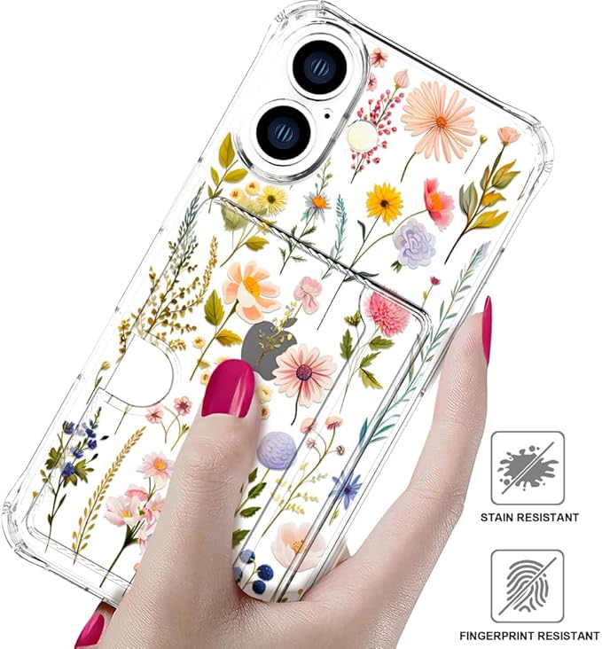 Compatible with iPhone 16 Case Card Holder for Women Cute Design,Wallet Phone Cases Transparent Cool Kawaii Protective (Clear Watercolor Floral)