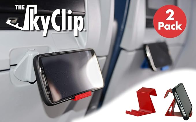 The SkyClip Airplane Cell Phone Back of Seat Inflight Tray Table Clip and Sturdy Inflight Phone Holder, Compatible with iPhone, Android, Tablets, and Readers, Travel Must Have (Red 2 Pack)