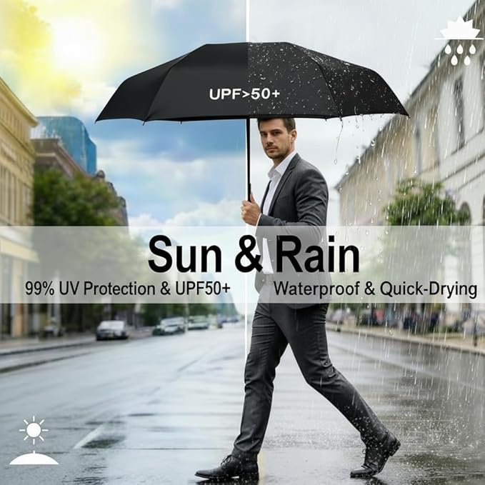 Windproof Mini Travel Folding Umbrella, UPF 50+ Sun & Rain Protection, Compact Lightweight, Eco-Friendly Fabric Wallet Umbrella Fits in Pocket Purse Backpack for Men Women Kids