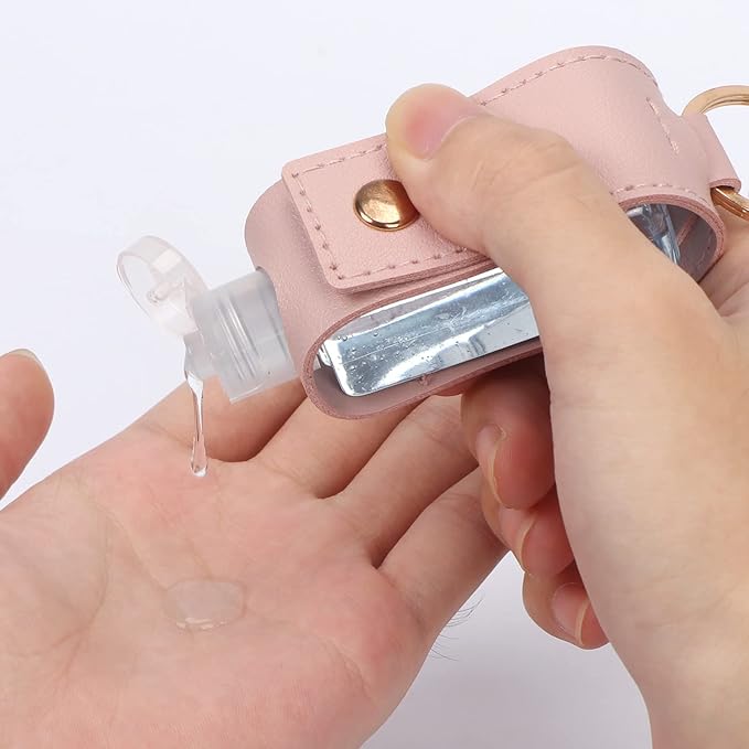 Unaone 1oz/30ml Hand Sanitizer Holder Travel Size, Empty Bottles Leather Sanitizer Holder with Keychain Portable Small Squeeze Bottle Refillable Container for Toiletry Lotion Liquid Soap Shampoo Pink