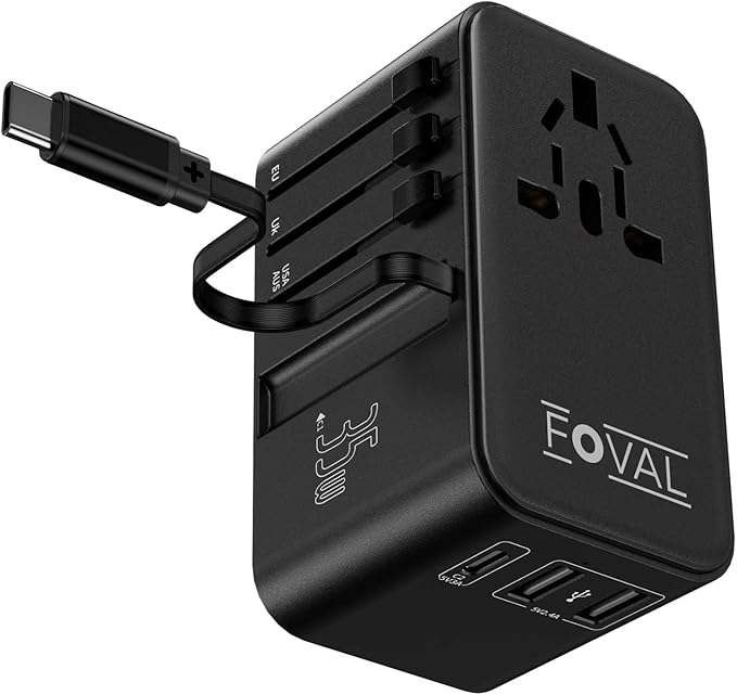FOVAL European Travel Plug Adapter, Universal Travel Adapter with Retractable USB C Cable, All-in-one International Power Adapter for Europe Italy UK US AUS (35W)