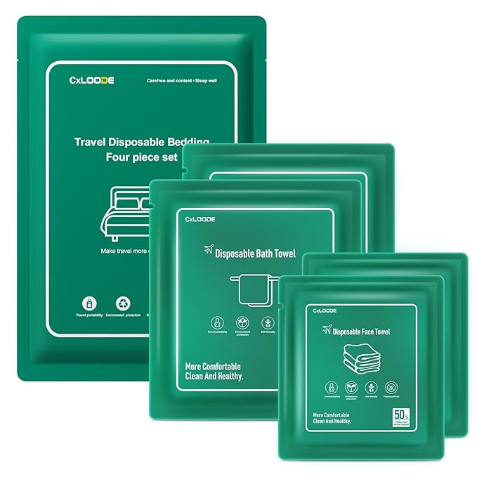 Disposable Bed Sheets for Hotel, Travelling Essentials with 2 Disposable Bath Towels 2 Disposable Face Towels and 4 Pcs Disposable Bed Sheets Set, Disposable Washcloths for Travel Hotel Essentials