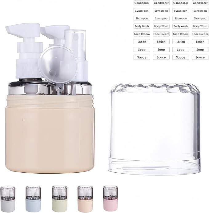CLOUDEMO Mini Shampoo Dispenser Portable Travel Bottle Set, 2-in-1, 3-in-1, 4-in-1 Mini Dispenser Portable Travel Set, Leak Proof Refillable Travel Containers with Labels (Beige,3 in 1)