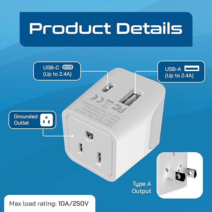 Ceptics Japan, Philippines Travel Adapter Plug with Dual USB - Usa Input - Type A - Ultra Compact (CTU-6) - Perfect for Cell Phones, Laptops, Camera Chargers