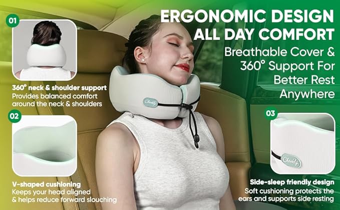 Memory Foam Travel Neck Pillow for Airplane Travel, Head and Chin Support, Adjustable Strap, Washable Cover, Carry Case