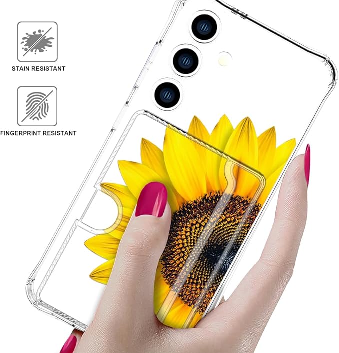 Compatible with Samsung Galaxy S24 / S25 Case Card Holder for Women Cute Design,Wallet Phone Cases Transparent Cool Kawaii Protective (Clear Sunflower Sun Flower)