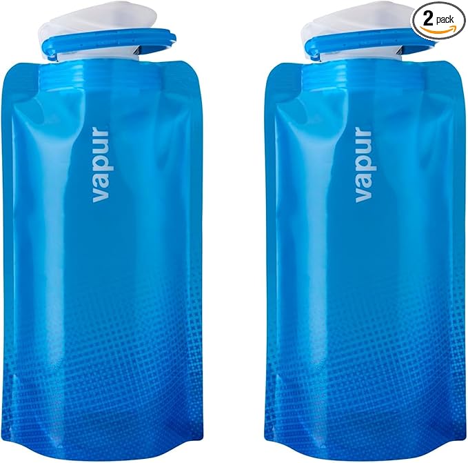 Vapur Collapsible Water Bottle With Carabiner, Compact Bottle Folds Flat For Hydration On The Go, Ideal for Traveling, Hiking or Camping, 16 Ounce, Cyan Blue, Pack of 2