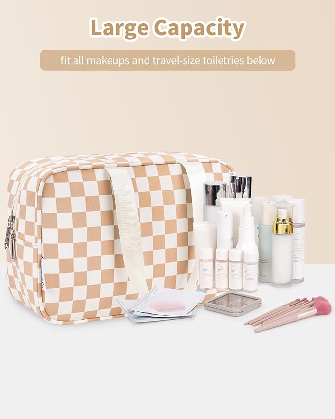Narwey Large Travel Toiletry Bag Women, Checkered Makeup Bag with Handle, Portable Make up Cosmetic bag Organizer, Travel Bag for Toiletries, Skincare, Medicine, Essentials (Light Checkerboard, Large)