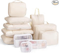 Compression Packing Cubes 11 Set, Suitcase Organizers, Luggage Organizer Bags for Storage, Extendable Packing Cubes for Travel Compression, Travel Essentials, Beige